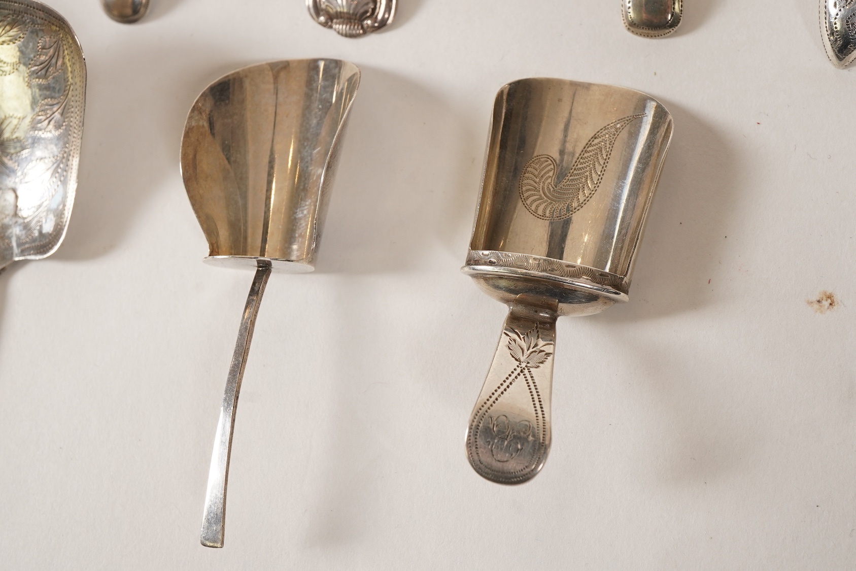 Ten assorted mainly 19th century silver caddy spoons, most with shovel bowls